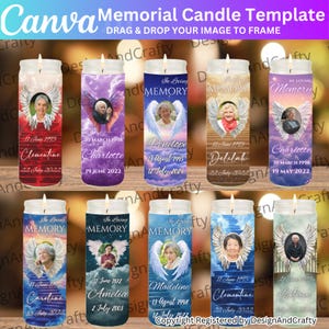 Peut inclure: Plusieurs bougies commémoratives personnalisées. Chaque bougie présente une photo, un nom et des dates, encadrés d'ailes d'ange. Les bougies sont de différentes couleurs, avec le texte "In Loving MEMORY" affiché.