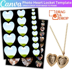 May include: A gold heart-shaped locket necklace with a chain, open to reveal two framed photos. The image also shows a Canva template with heart-shaped frames for photo placement, with the text "Photo Heart Locket Template" and "Drag & Drop".