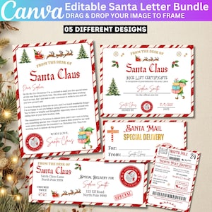 May include: A collection of five editable Santa letter templates. The designs include a letter from Santa, a nice list certificate, Santa mail labels, and a North Pole Express package. The templates feature festive red and green borders.