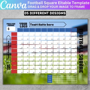 May include: A digital football square template with a grid of 100 squares, numbered 1-100. The template includes areas for a team name, logo, and price per square. The design features a green field background and the text "Football Square Eitable Template".
