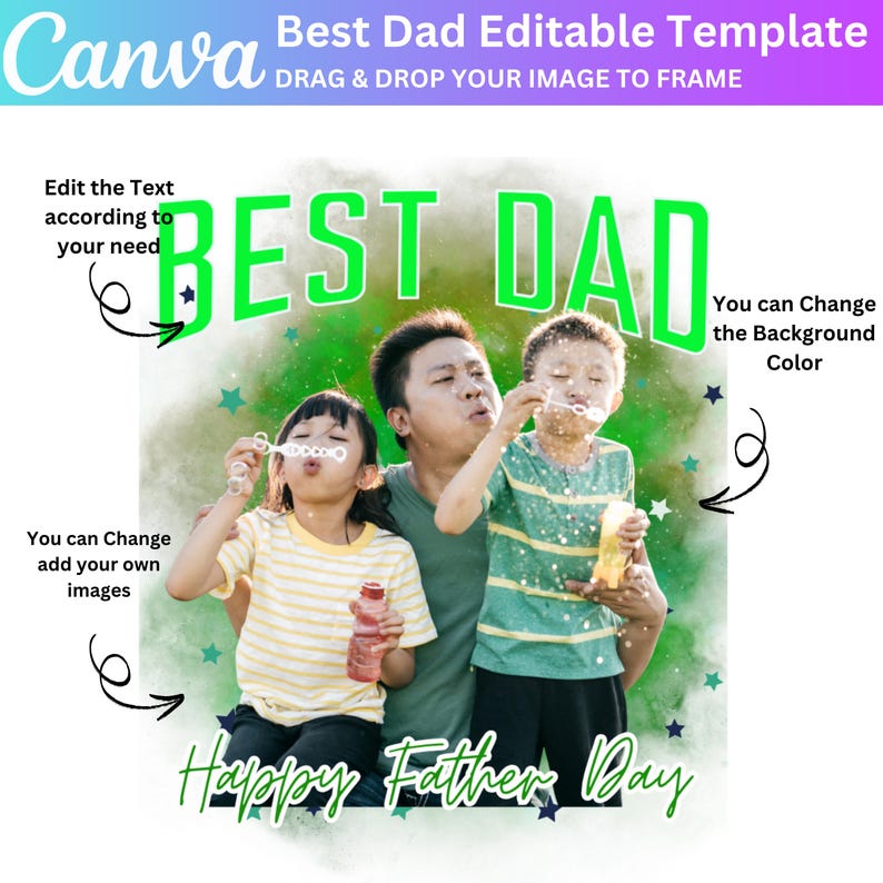 K&ouml;nnte beinhalten: Eine digitale Vorlage zum Vatertag mit einer Familie, die Seifenblasen bl&auml;st. Die Worte "Best Dad" sind in Gr&uuml;n, mit "Happy Father's Day" darunter. Die Vorlage ist editierbar, sodass Benutzer Text, Bilder und Hintergrundfarbe &auml;ndern k&ouml;nnen.