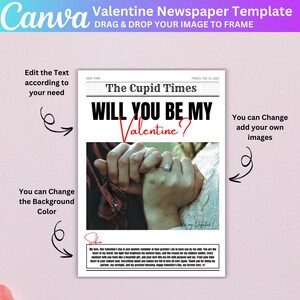 Pode incluir: Um modelo de jornal para o Dia dos Namorados com o t&iacute;tulo "Will You Be My Valentine?" O modelo apresenta uma foto de duas m&atilde;os segurando uma com a outra com um anel em um dos dedos. O texto "You can Change add your own images" est&aacute; no lado direito da imagem.