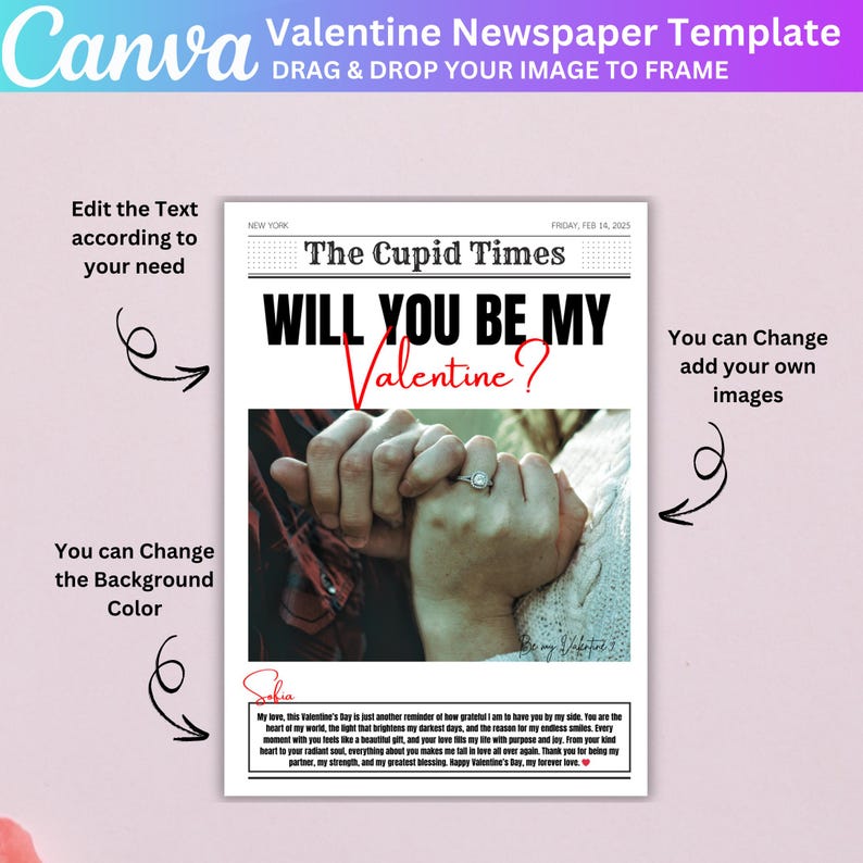 Pode incluir: Um modelo de jornal para o Dia dos Namorados com o t&iacute;tulo "Will You Be My Valentine?" O modelo apresenta uma foto de duas m&atilde;os segurando uma com a outra com um anel em um dos dedos. O texto "You can Change add your own images" est&aacute; no lado direito da imagem.
