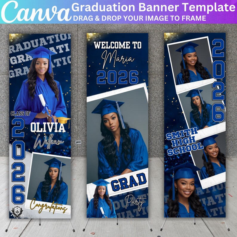 03 Graduation Banner Canva Editable Template, Class of 2026 Celebration, Blue Graduation Banner for Grad Parties, Large Format Grad Banner image 2