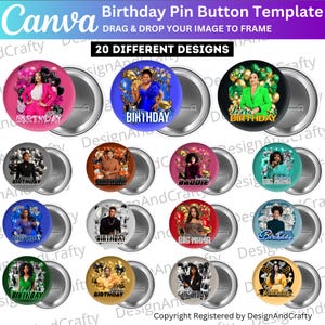 May include: A collection of 20 different birthday pin button designs. Each button features a colorful design with a photo and the word "Birthday". The buttons are round with a metal backing and are ready to be used.