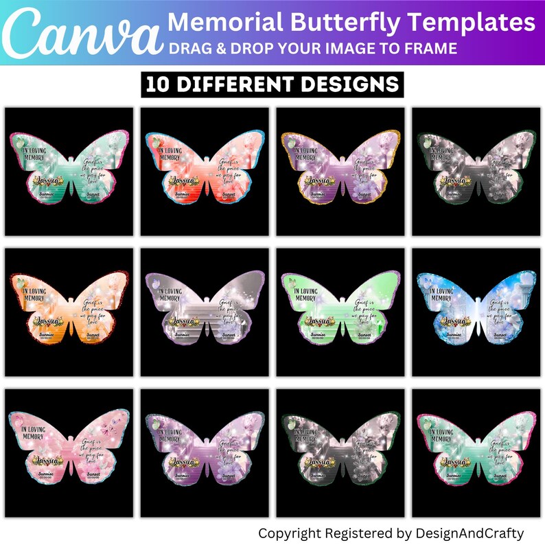 Puede incluir: Imagen promocional para plantillas de mariposas conmemorativas de Canva. La imagen muestra diez dise&ntilde;os de mariposas diferentes con varios esquemas de color, cada uno con el texto "In Loving Memory" y un espacio para un nombre. El fondo es negro.