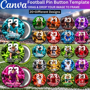 20+ redigerbara Canva-mall för fotbollsknappar, anpassad knapp för fotbollsspelare, matchdagsknappar, laganda i fotboll, design för seniorkvällar