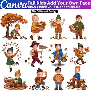 Puede incluir: Una colección digital de más de 55 ilustraciones con temática otoñal que muestran a niños con ropa de temporada, incluyendo suéteres, gorros y botas. Los personajes interactúan con calabazas, cestas, hojas y letreros. Texto: Canva Fall Kids Add Your Own Face.