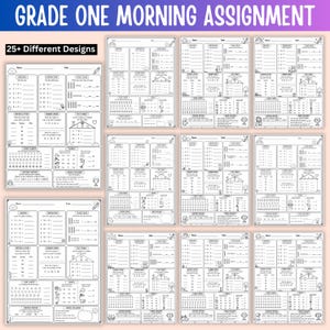 May include: A collection of Grade One morning assignment worksheets featuring 25+ different designs. Each black and white page includes math problems covering addition, subtraction, place value, number order, and sentence writing with small illustrations.