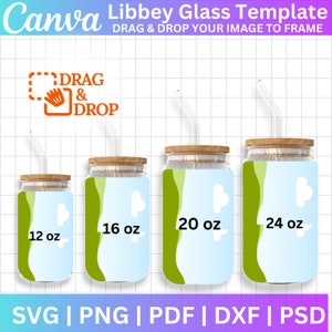 Peut inclure: Quatre bocaux en verre avec des couvercles en bois et des pailles transparentes. Les bocaux sont étiquetés avec le texte "12 oz", "16 oz", "20 oz" et "24 oz". Les bocaux ont un design bleu et vert.