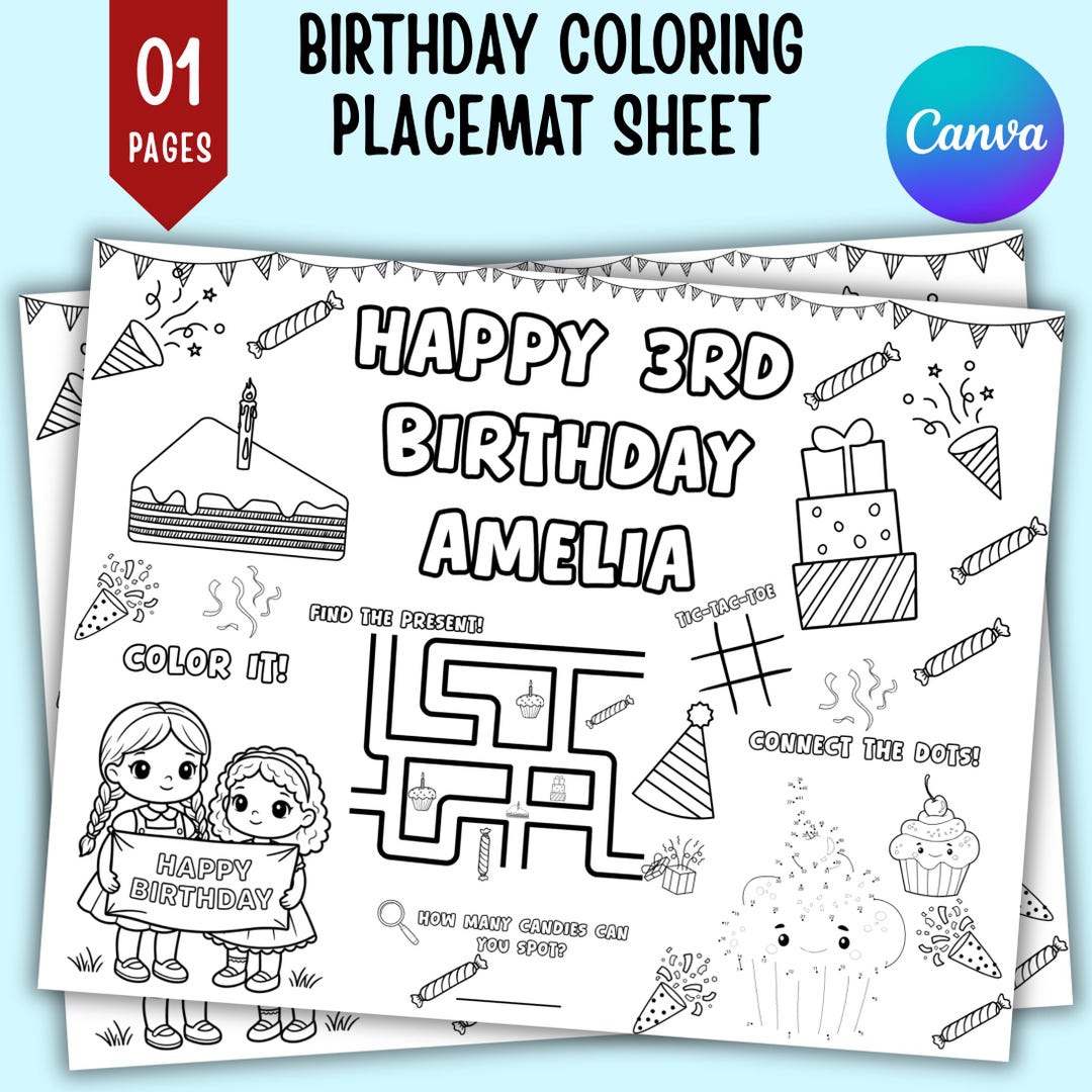 Birthday Coloring Placemat for Kids, Personalized Kids Activity ...