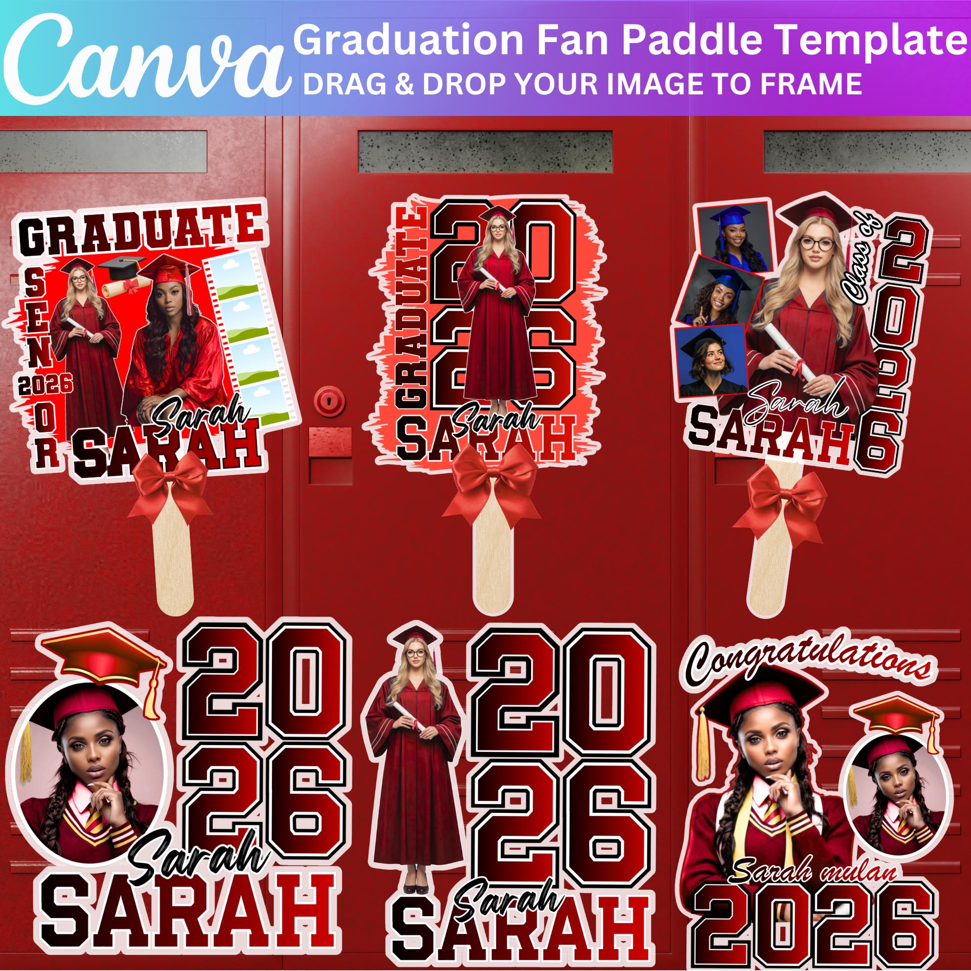 Red Grad Fan Canva Editable Template, Custom Graduation Paddle Fan ...