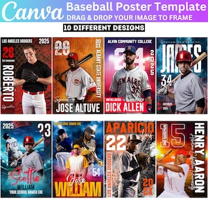 May include: A Canva baseball poster template with 10 different designs. Each design features a baseball player with their name, team, and position. The posters have a vibrant and dynamic design, with bold text and player images.