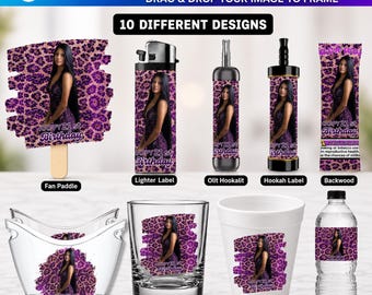 Adult birthday Party Favor Bundle, Purple Birthday Party Designs, Lighter Backwood Styrofoam Cup Shot Glass Party Bucket Cigar Custom Label