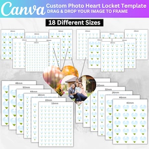 May include: A heart-shaped photo locket template with a family photo, surrounded by examples of 18 different sizes. The Canva logo and text "Custom Photo Heart Locket Template" are at the top. The sizes are listed in millimeters.