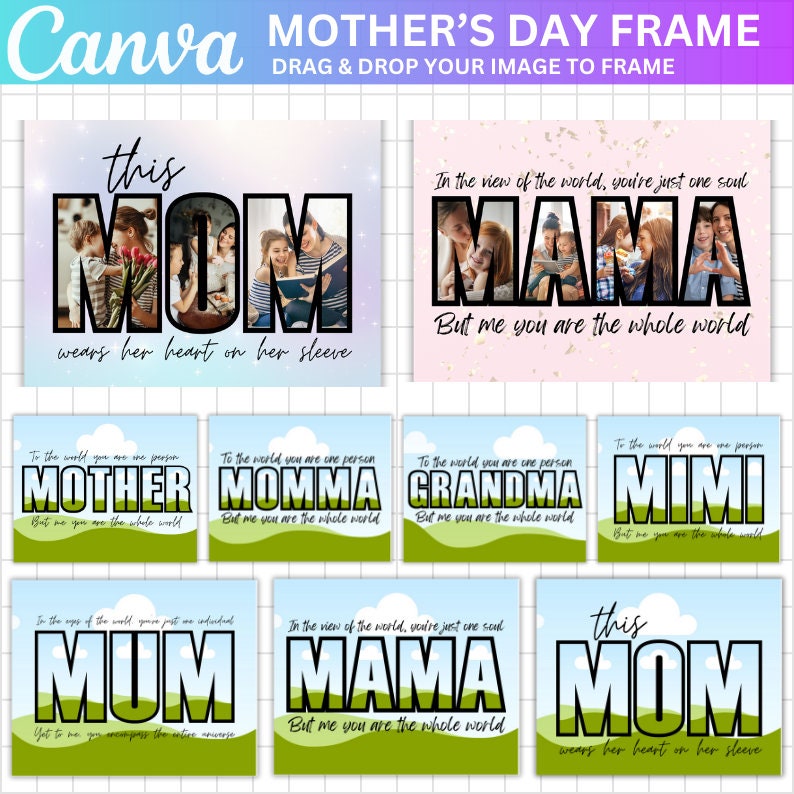 Mother's Day Canva Template, Mom Canva Frame Bundle, Wear Heart On Sleeve Canva Template, The Best Mom ever Canva Template