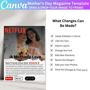 May include: A digital magazine template for Mother's Day with a photo of two women smiling and holding a gift. The text "A Mother's Love" is featured on the magazine cover. The template is easily customizable with options to edit the text, adjust the layout, change the font, add new elements, resize the designs, add your own photos, and save the changes.