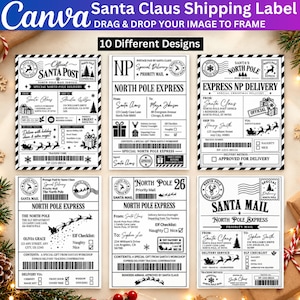 May include: A collection of six black and white printable Santa Claus shipping labels featuring various North Pole Express designs, including text like Official Santa Post, Special Delivery, and Priority Mail with barcodes and holiday graphics.