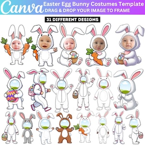 Könnte beinhalten: Eine Vorlage für Osterhasen-Kostüme mit 31 verschiedenen Designs. Die Designs zeigen Cartoon-Hasen mit Platz für ein Gesicht, die Karotten, Eier und Körbe halten. Der Text "Easter Egg Bunny Costumes Template" und "Drag & Drop Your Image to Frame" sind sichtbar.
