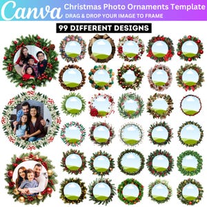 May include: A template for Christmas photo ornaments with 99 different designs. Each design features a circular frame with various festive decorations, ready for image insertion. The Canva logo is visible.