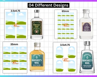 May include: A template for tequila labels with four different designs. The image includes examples of label designs with the text "DRYAD SAP", "THIRD EYE DROPS", and "BANSHEE'S WAIL". The image also includes the text "SVG | PNG | PDF | DXF | PSD".