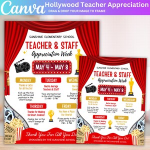 May include: A flyer for Teacher & Staff Appreciation Week, May 4-8, with a Hollywood theme. The design includes red curtains, film reels, popcorn, and a golden trophy. Daily events are listed, such as a coffee bar and pizza party.