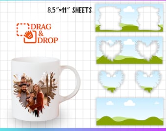 Könnte beinhalten: Eine weiße 15oz Tasse mit einem herzförmigen Design, das ein Familienfoto zeigt. Die Tasse befindet sich auf einem weißen Gitterhintergrund. Das Bild enthält auch einen Satz von 8,5" x 11" Blättern mit verschiedenen Rahmen-Designs für eine Tasse. Die Designs umfassen einen herzförmigen Rahmen, einen rechteckigen Rahmen und einen Rahmen mit einem Himmel- und Hügelhintergrund.