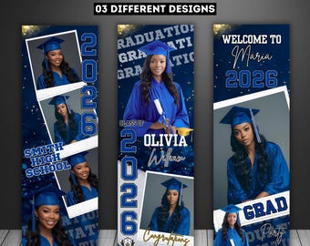 03 Graduation Banner Canva Editable Template, Class of 2026 Celebration, Blue Graduation Banner for Grad Parties, Large Format Grad Banner