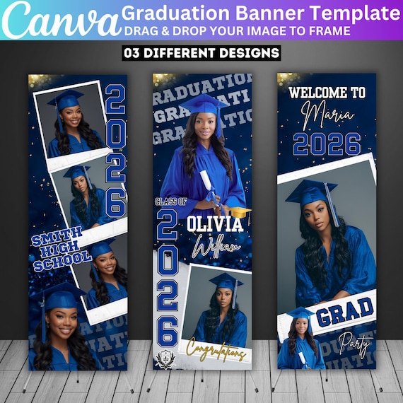 03 Graduation Banner Canva Editable Template, Class of 2026 Celebration, Blue Graduation Banner for Grad Parties, Large Format Grad Banner