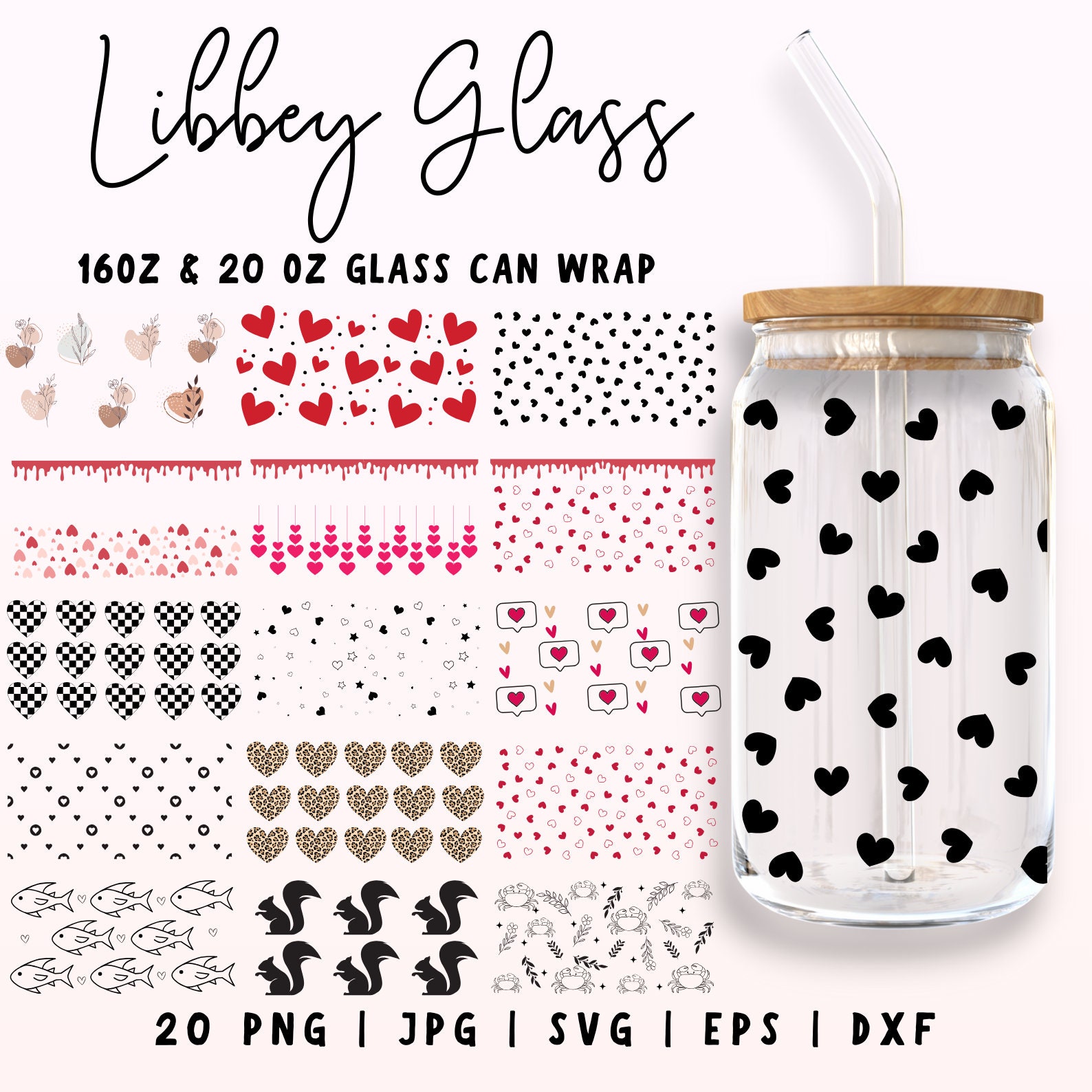 Libbey Glass Wrap SVG Bundle, 16oz & 20oz Libbey Can Wrap, Heart Glass ...