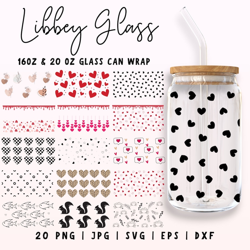 Libbey Glass Wrap SVG Bundle, 16oz & 20oz Libbey Can Wrap, Heart Glass ...