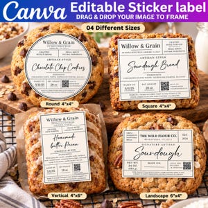 Puede incluir: Cuatro etiquetas adhesivas editables para envases de alimentos con las marcas Willow & Grain y The Wild Flour Co. El set incluye etiquetas redondas de 10,16x10,16 cm, cuadradas de 10,16x10,16 cm, verticales de 10,16x15,24 cm y horizontales de 15,24x10,16 cm.