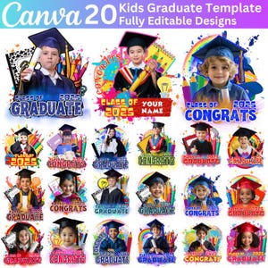 May include: Twenty colourful graduation photo templates featuring a variety of designs with a graduation cap, pencils, and the text "Class of 2025" and "Congrats".