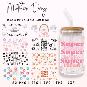 Paquete SVG de lata de vidrio para mamá, vidrio Mama Libbey de 16 oz y 20 oz, envoltura floral del Día de la Madre, lata de vidrio retro para mamá, regalo del Día de la Madre