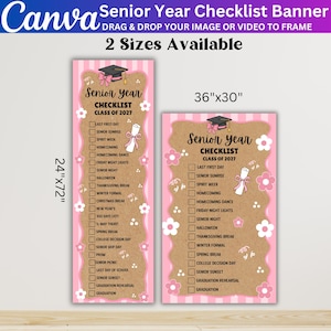 May include: Two vertical banners titled Senior Year Checklist Class of 2027, featuring a brown paper texture background with pink stripes, white flowers, a graduation cap, and a diploma. The banners measure 24 inches by 72 inches and 36 inches by 30 inches.