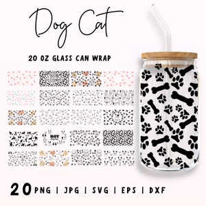 Lata de vidro Dog Libbey de 20 onças svg, vidro Libbey com padrão de gato, vidro de pata de cachorro, vidro de lata de cerveja, vidro de mãe de cachorro, download digital, Cricut e silhueta