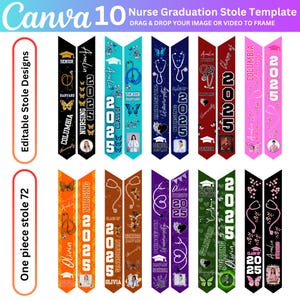 May include: A collection of nurse graduation stole templates in various colors, including black, blue, red, and pink. Each stole features the text "NURSING" and "2025", along with the graduate's name, school, and a photo. The design includes butterflies, stethoscopes, and graduation caps.