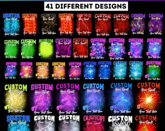 Könnte beinhalten: 41 verschiedene Designs für Fußballtrikots mit verschiedenen bunten Hintergründen und Blitzmustern. Der Text "CUSTOM YOUR SPORT" wird auf jedem Design wiederholt.