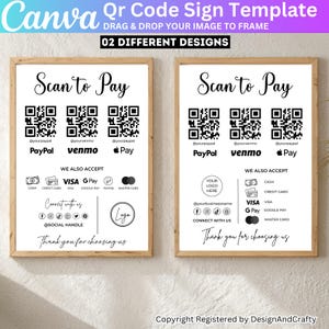 May include: Two framed signs with a light wood finish. Each sign features a "Scan to Pay" header, QR codes for PayPal, Venmo, and Apple Pay, and payment options. The signs also include social media handles and the text "Thank you for choosing us."