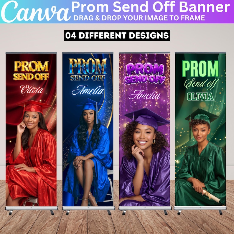 May include: Four different prom send-off banners. Each banner features a graduate in a cap and gown. The banners are red, blue, purple, and green. The text "PROM SEND OFF" is displayed on each banner, along with the graduate's name.