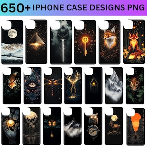 May include: A collection of 16 different iPhone case designs featuring various illustrations, including a fox, a deer, a dragonfly, a mountain, and an owl. The designs are all dark and moody, with a focus on nature and fantasy.