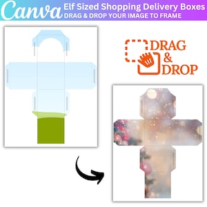 May include: Two images showing the design templates for elf-sized shopping delivery boxes. One template is light blue and green, with dotted lines for folding. The other is a box with a festive design. The text reads "Elf Sized Shopping Delivery Boxes" and "Drag & Drop".