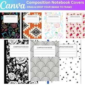 May include: Collection of composition notebook covers with various designs. Includes covers with geometric patterns, floral designs, and illustrations of school supplies. The text "Composition Book" is displayed on each cover, with space for a title.