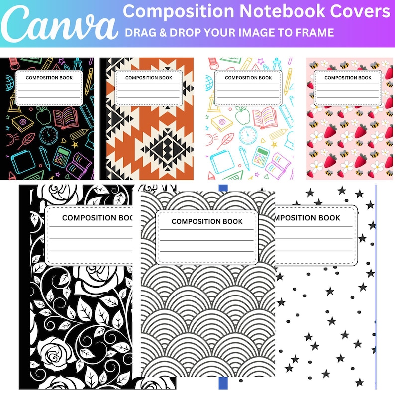 May include: Collection of composition notebook covers with various designs. Includes covers with geometric patterns, floral designs, and illustrations of school supplies. The text "Composition Book" is displayed on each cover, with space for a title.