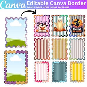 Editable Canva Border Frames, Halloween Custom Striped background, Squiggle Scalloped Ccanva Frames, Custom Canva Drag and Drop Frame Border