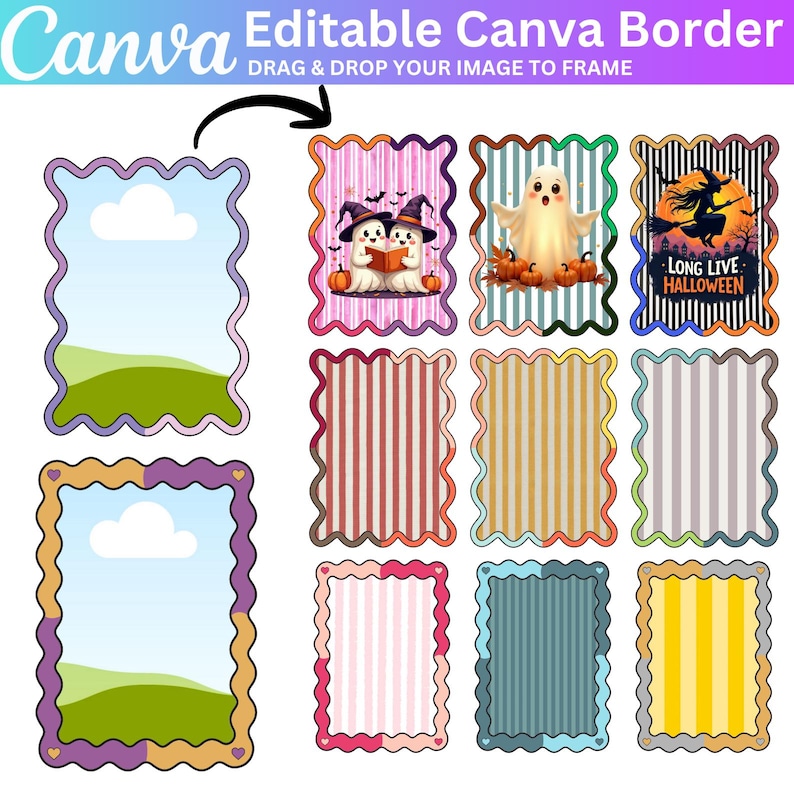 Puede incluir: Una colecci&oacute;n de bordes editables de Canva con un dise&ntilde;o de borde ondulado. Los bordes presentan varios patrones e ilustraciones tem&aacute;ticas de Halloween, incluyendo fantasmas, calabazas y brujas. El texto en la parte superior dice "Editable Canva Border".