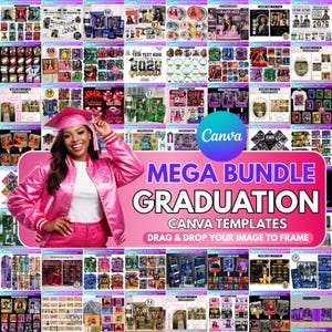 Op de afbeelding: Een promotieafbeelding voor Canva-afstudeer templates. De afbeelding toont een vrouw in een roze afstudeeroutfit, omringd door verschillende afstudeer-thema ontwerpen. Tekst bevat "MEGA BUNDLE GRADUATION CANVA TEMPLATES" en "DRAG & DROP YOUR IMAGE TO FRAME."