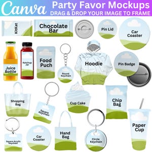 May include: A collection of party favor mockups, including a chocolate bar, a juice bottle, a ketchup jar, a food pouch, a hoodie, a pin badge, a shopping bag, a square keychain, a round keychain, a cup cake, a chip bag, a paper cup, a car coaster, and a hand bag.  The mockups are all white with a green and blue landscape design.