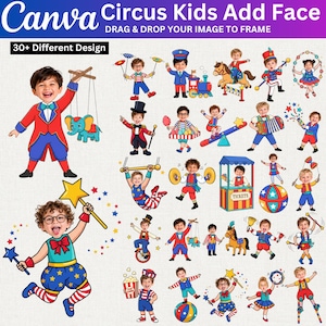 Pode incluir: Um modelo gráfico digital intitulado Circus Kids Add Face apresentando mais de 30 ilustrações de crianças em trajes de circo. Os designs incluem crianças como mestres de cerimônias, acrobatas e artistas com adereços como estrelas, bolas.