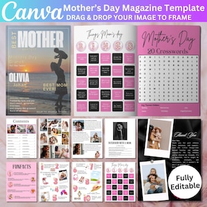 May include: A pink and black magazine template for Mother's Day. The cover features a photo of a mother and child on a beach with the text "Best Mom Ever!" The inside pages include a bingo card, crossword puzzle, fun facts, and a thank you note.